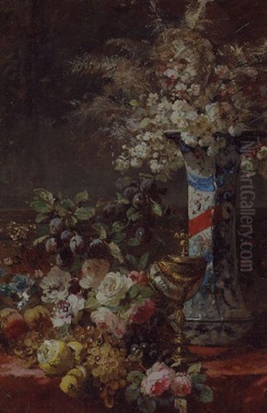 Flowers In A Vase On A Table With Fruit And A Nautilus Cup Oil Painting by Jean-Baptiste Robie