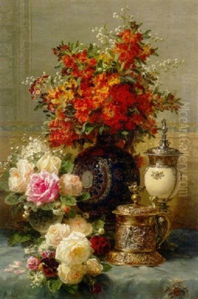 Roses, Anenomes And Peonies, Strawberries, A Silver-gilt Ostrich Egg Cup And A Gold-gilt Tankard On A Draped Table Oil Painting by Jean-Baptiste Robie