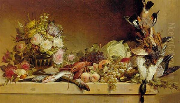 Still Life With Fish, Fruit And Fowl Oil Painting by Jean-Baptiste Robie