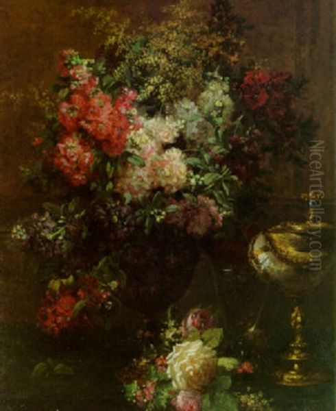 Stocks, Roses And Other Flowers In A Vase Oil Painting by Jean-Baptiste Robie