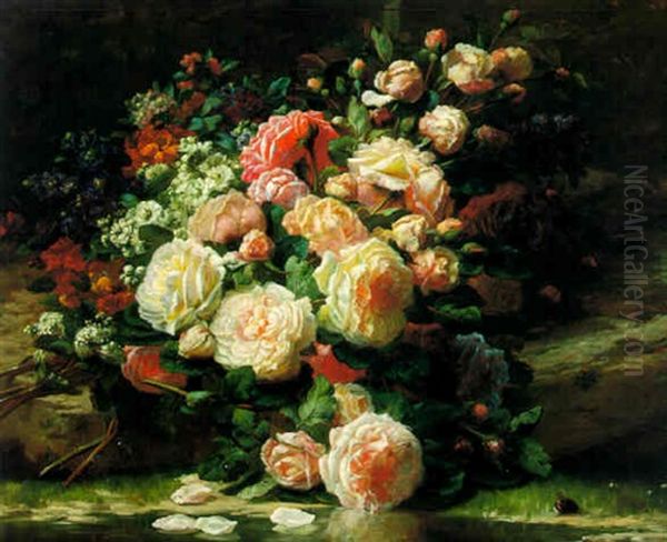 Un Bouquet De Roses Au Bord D'un Etang Oil Painting by Jean-Baptiste Robie