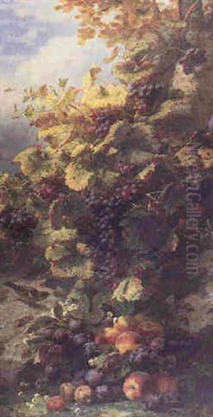 Grapes, Plums, Peaches And A Bird Oil Painting by Jean-Baptiste Robie