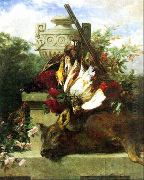 Jagdstilleben Mit Vogeln, Reh Und Blumen Oil Painting by Jean-Baptiste Robie