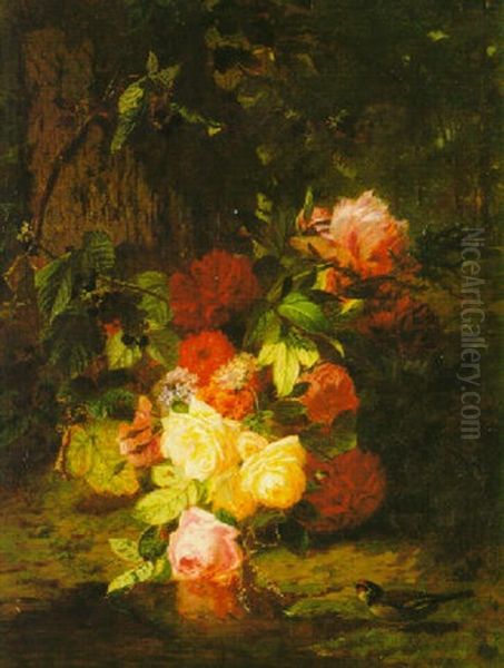 Still Life With Roses, Blackberries And A Bird In A Forest Glade Oil Painting by Jean-Baptiste Robie