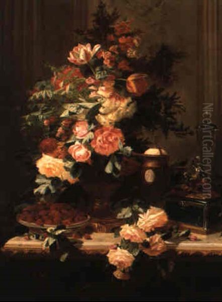 Still Life With Flowers And Elaborate Objects On A Marble Ledge by Jean-Baptiste Robie