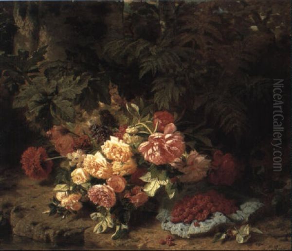 Flowers And Raspberries On A Mossy Bank Oil Painting by Jean-Baptiste Robie