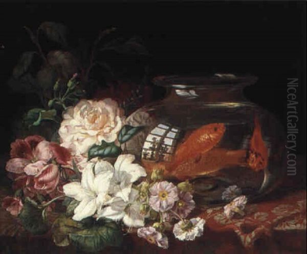 Still Life With Goldfish And Flowers Oil Painting by Jean-Baptiste Robie