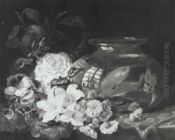 Still Life With Goldfish And Flowers On Draped Table Oil Painting by Jean-Baptiste Robie