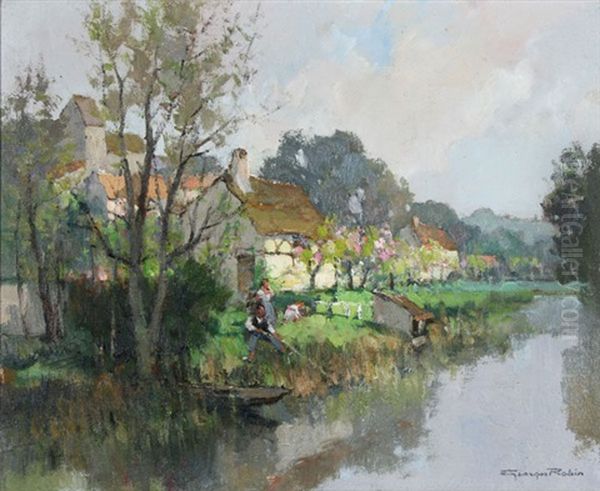 Village De Carannac And Bords De L'eure Pres De Chcherel (pair) Oil Painting by Georges Charles Robin