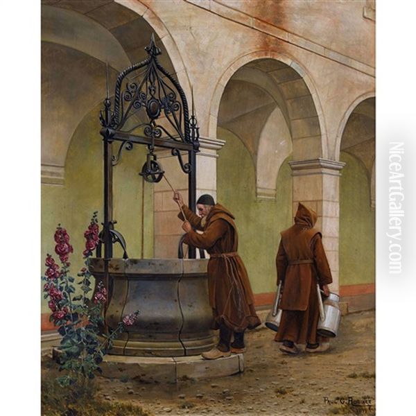 Monche Am Klosterbrunnen Oil Painting by Paul Gustave Robinet