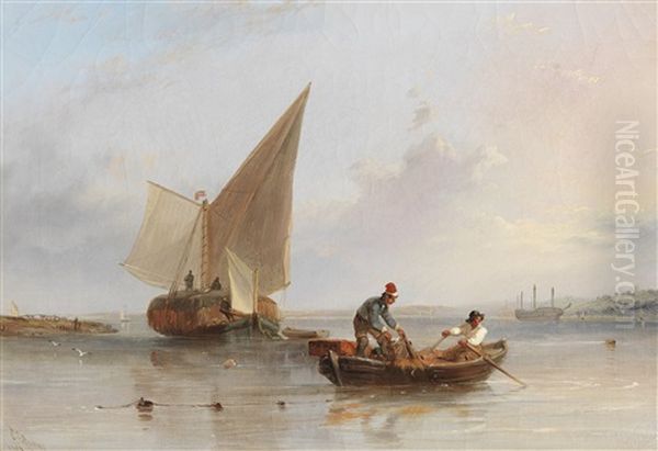 A Lazy Afternoon On An Estuary, With A Heavily-laden Hay Barge Trying To Catch The Breeze And Some Old Hulks Laid-up Beyond Oil Painting by Thomas Sewell Robins