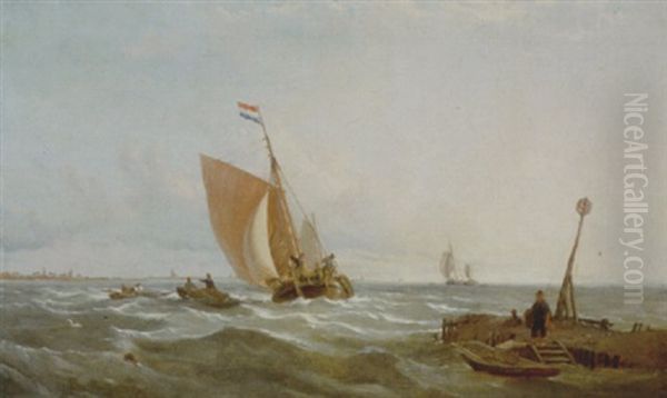 A Dutch Fishing Boat Returning To Harbour With Fisherfolk In The Foreground Unloading The Catch Oil Painting by Thomas Sewell Robins