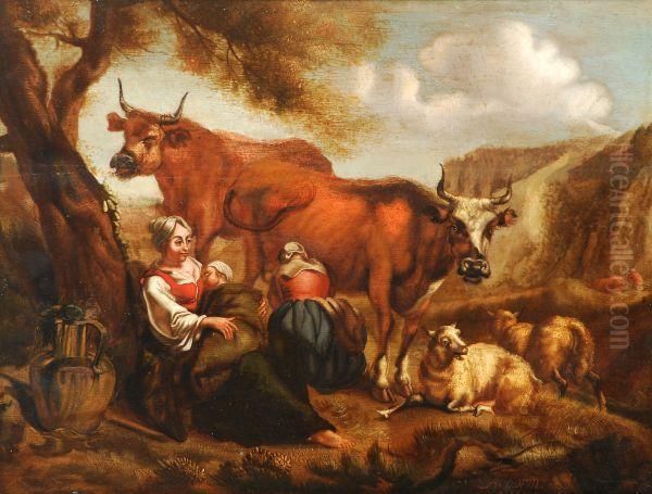 Milkmaidswith A Sleeping Child, 
Cows And Sheep In A Mountainouslandscape Oil Painting by Abraham Borm