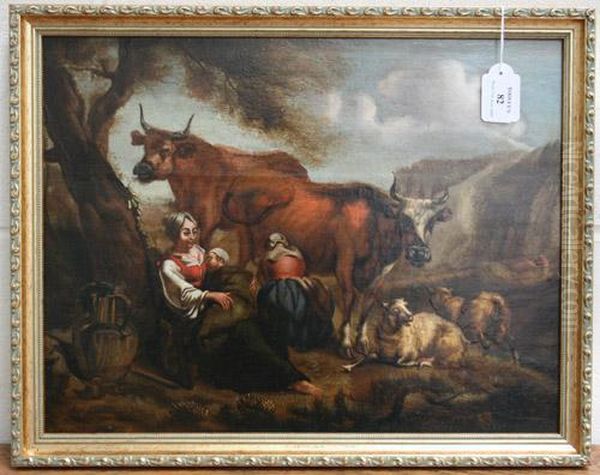 Pastoral Landscape With Mother And Child Near Sheep Oil Painting by Abraham Borm