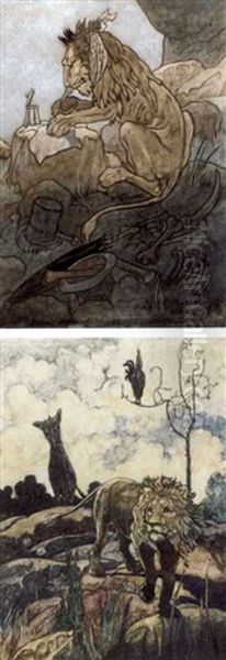 The Lion And The Wild Ass (from Aesop's Fable's + 3 Others; 4 Works) Oil Painting by Charles Robinson