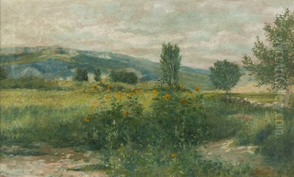 Wildflowers In A Landscape Oil Painting by Charles Dorman Robinson