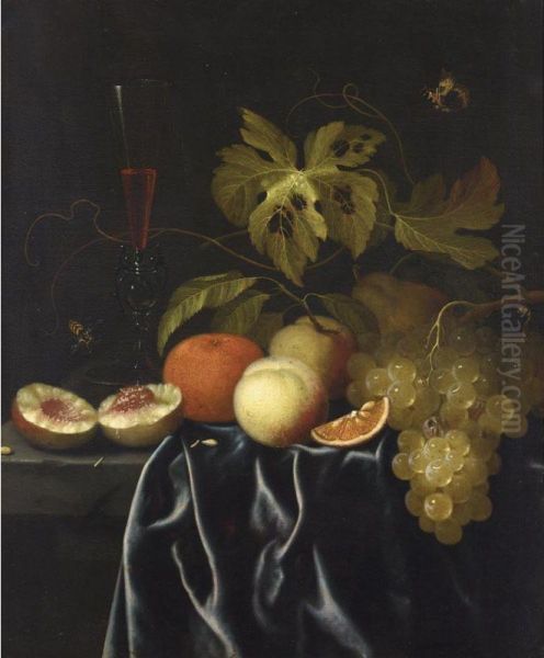 A Still Life Of Peaches, An Orange, Grapes And A Venetian Glass Of Red Wine, All On A Ledge Draped Partly With A Blue Cloth, Together With A Butterfly, A Wasp And A Caterpillar Oil Painting by Johannes Borman