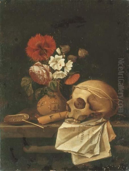 A Vanitas Still Life With A Skull, Flowers In A Terracotta Vase, An Haliotis, A Flute And Pages From The Anonymous Le Miroir Des Plus Belles Courtisannes De Ce Temps On A Stone Ledge Oil Painting by Johannes Borman