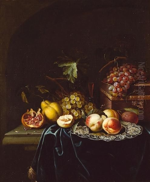 Peaches On A Salver With A Pomegranate, Grapes, A Pear And A Wine Glass, With A Casket And Grapes On A Draped Ledge Oil Painting by Johannes Borman