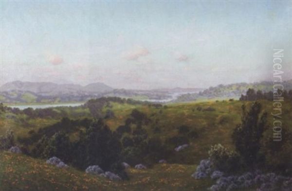 A Blooming Hillside With A River In The Distance Oil Painting by Charles Dorman Robinson