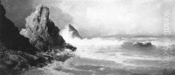 Waves Crashing Against The Rocks In Fog Oil Painting by Charles Dorman Robinson