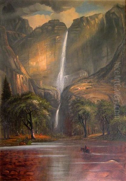 Yosemite Falls With Indian Encampment Oil Painting by Florence Nightingale Robinson