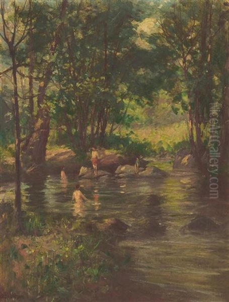 A Day Of Swimming Along The River Oil Painting by Hal Robinson