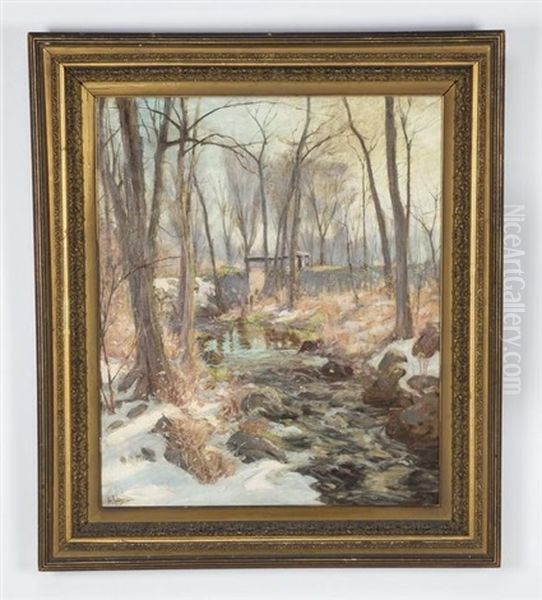 A Snowy Forest Clearing With A Stream Oil Painting by Hal Robinson