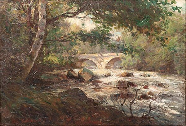 Wooded Scene With Stream And Bridge Oil Painting by Hal Robinson