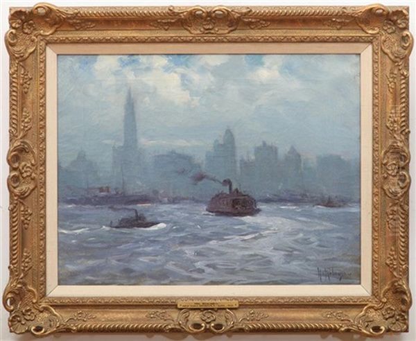 New York Harbor At Dusk Oil Painting by Hal Robinson