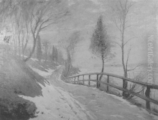 Winter Landscape With Riverside Road Oil Painting by Hal Robinson