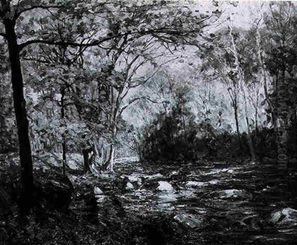 Forest Landscape With Stream Oil Painting by Hal Robinson