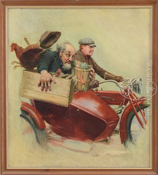 Humorous Illustration Of An Old Gentleman Riding In A Sidecar Oil Painting by Robert Byron Robinson