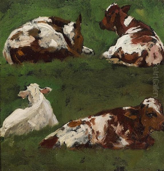 Cow Studies (a Group Of Two) Oil Painting by Theodore Robinson