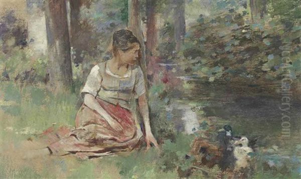 Femme Aux Canards (woman With Ducks) Oil Painting by Theodore Robinson