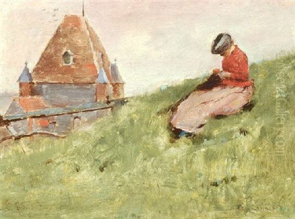 On The Cliff, A Girl Sewing, 1887 Oil Painting by Theodore Robinson