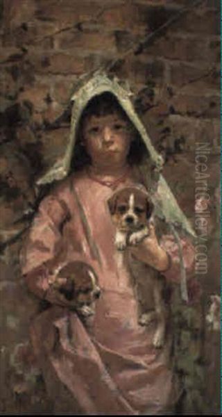 Girl With Puppies Oil Painting by Theodore Robinson