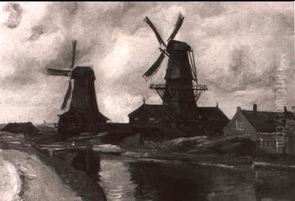 Windmills Along The Canal Oil Painting by Theodore Robinson