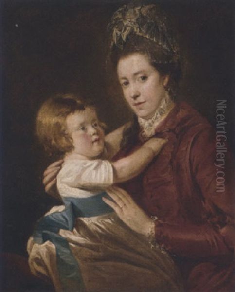 Double Portrait Of Mrs. Moutray Of Favour Royal, Co. Tyrone, The Former In A Red Dress With A Child Oil Painting by Thomas Robinson