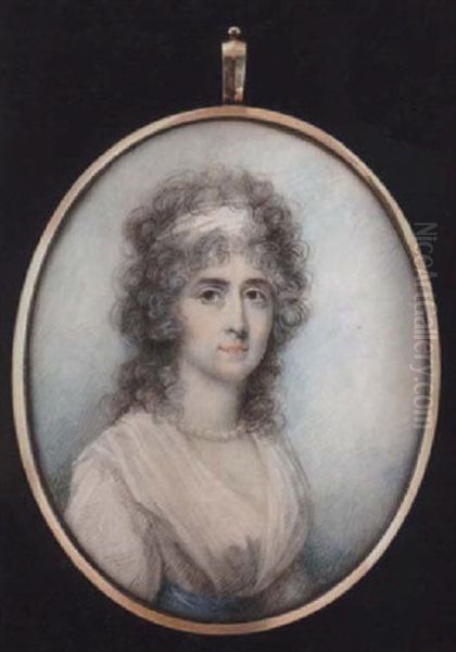 The Hon. Letitia Morres Wearing White Bandeau In Her Loose Powdered Hair, White Dress With Blue Ribbon Waistband And Pearl Necklace Oil Painting by Thomas Robinson