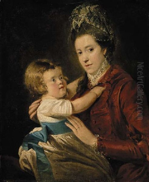 Portrait Of Mrs. Moutray Of Favour Royal, Co.tyrone, With A Child Seated, The Former In A Red Dress Oil Painting by Thomas Robinson