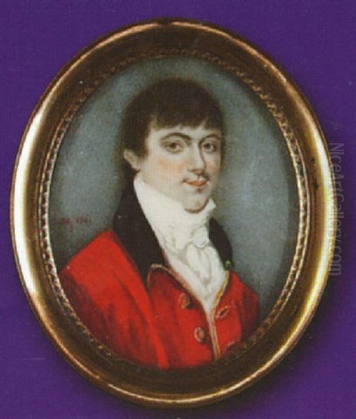 A Gentleman (self Portrait?), Wearing Red Coat With Black Collar And Gold Trim, White Waistcoat, Tied Stock And Cravat Oil Painting by Thomas Robinson