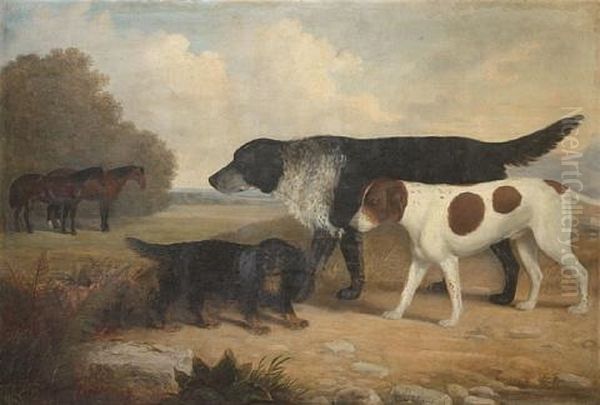 Three Dogs In A Landscape Oil Painting by William R. Robinson