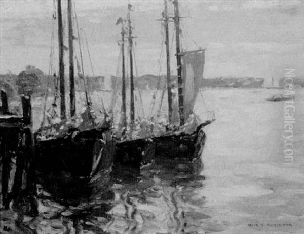 Sailboats Docked In Gloucester Harbor, Massachusetts Oil Painting by William S. Robinson