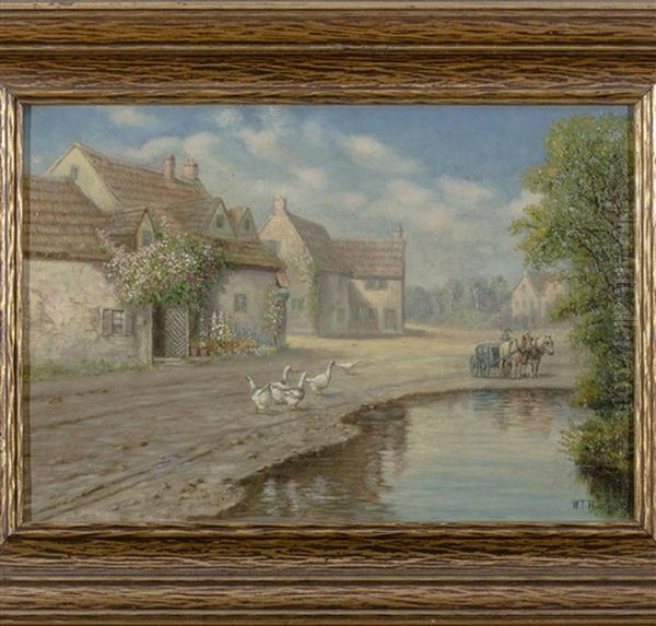 Cottages And Geese Beside A Pond Oil Painting by William T. Robinson