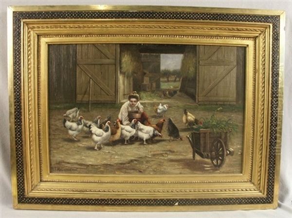 Woman Feeding Chickens Oil Painting by William T. Robinson