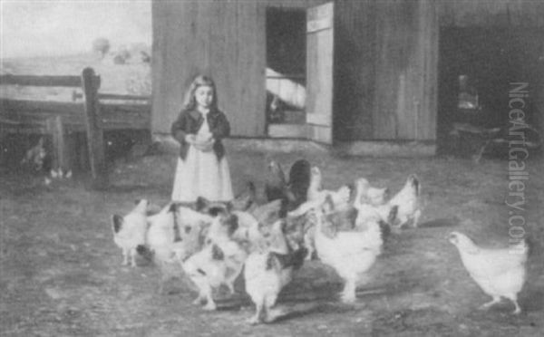 Young Girl Feeding The Chickens Oil Painting by William T. Robinson