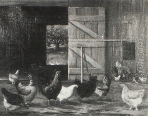 Chickens In A Barn Oil Painting by William T. Robinson