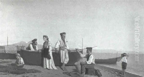 Fisherfolk And Traditional Dancers Beside The Bay Of Naples Oil Painting by Giovanni (Count) Rocca