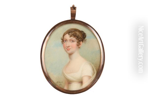 Portrait Miniature Of A Young Lady In White Dress With Pink Ribbon Sash Oil Painting by Sampson Towgood Roch